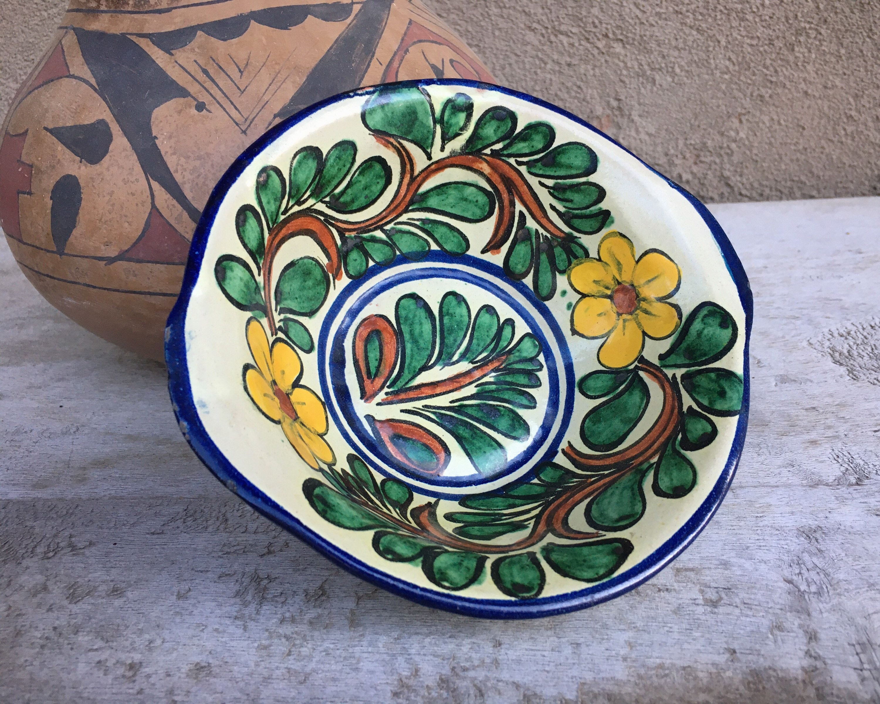 Vintage Mexican Talavera Pottery Bowl Trinket Dish 6 Blue and Yellow