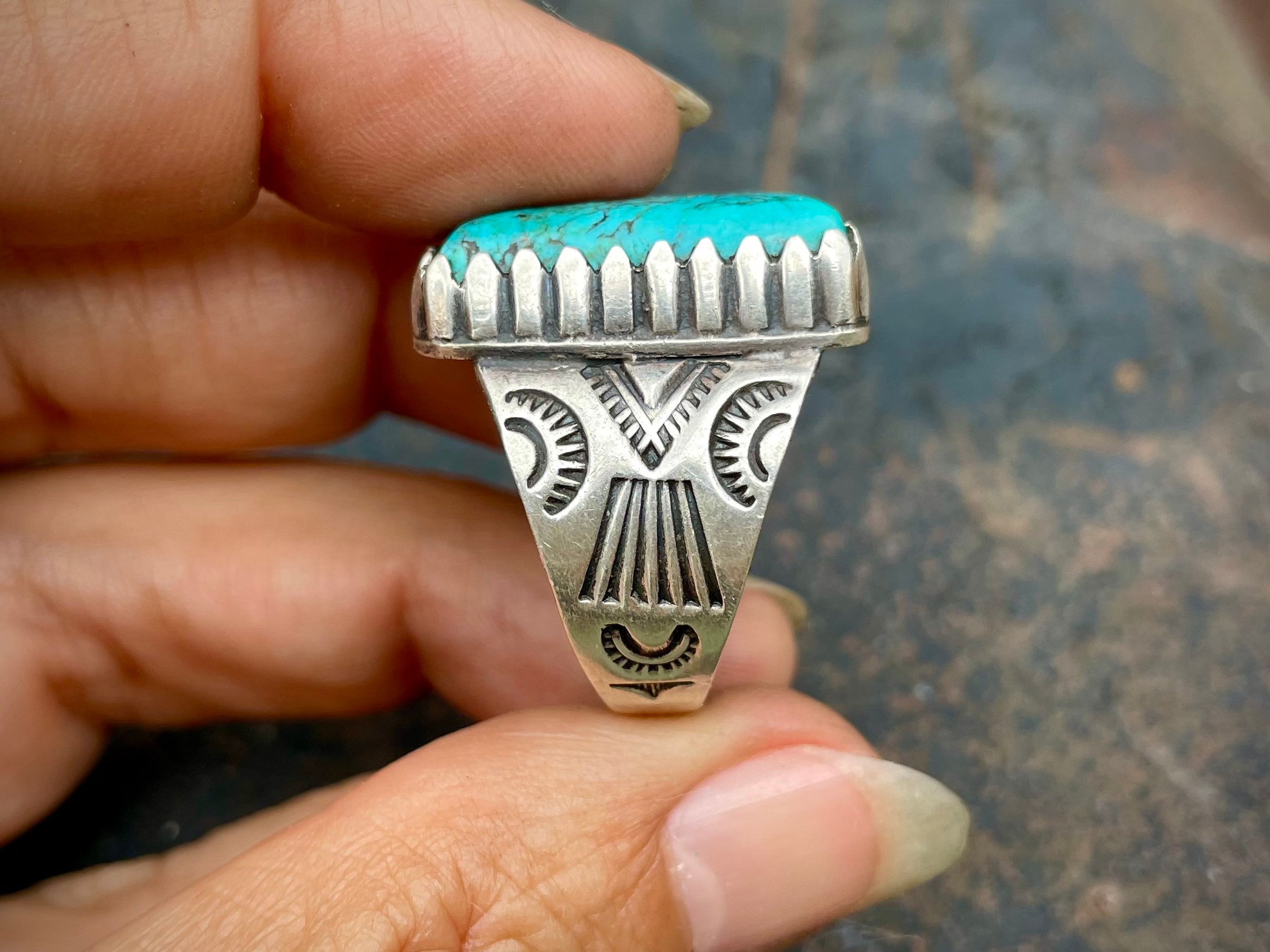 Navajo Thompson Platero Spiderweb Turquoise Rectangle Shaped Ring