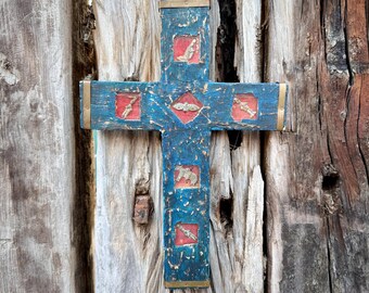 Mexican Painted Wood Cross Wall Hanging with Milagros, Glass Shadowbox Windows