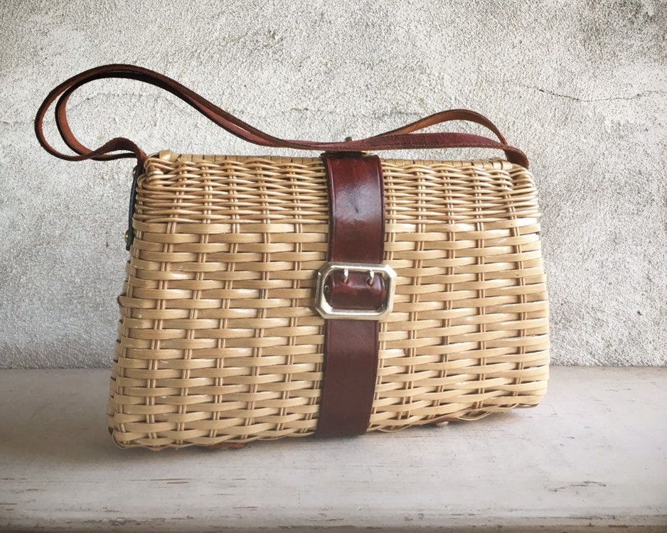 Vintage Woven Straw Purse with Leather Strap Handles 1950s 1960s