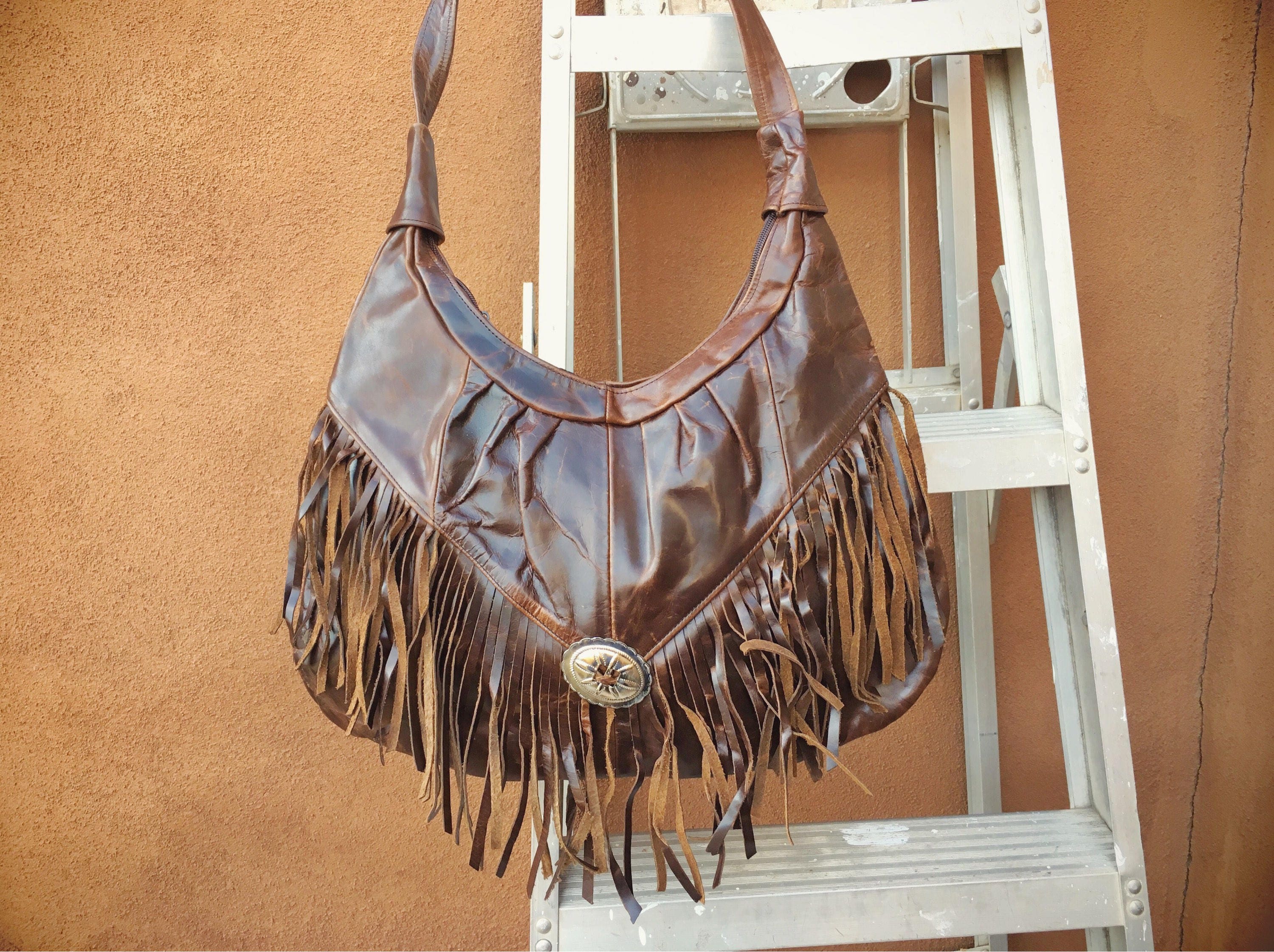 Vintage Distressed Leather Purse with Fringe from Mexico, Boho Fashion