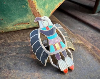 Zuni Madeline Beyuka Eagle Dancer Kachina Ring SZ 7, Turquoise Multi-Stone Inlay