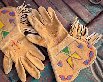 Pair of Antique Beaded Leather Gauntlet Gloves, Simple Geometric Design