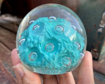 Murano Italy Art Glass Paperweight Blue Seafoam with Controlled Bubbles, Kitchen Window Suncatcher
