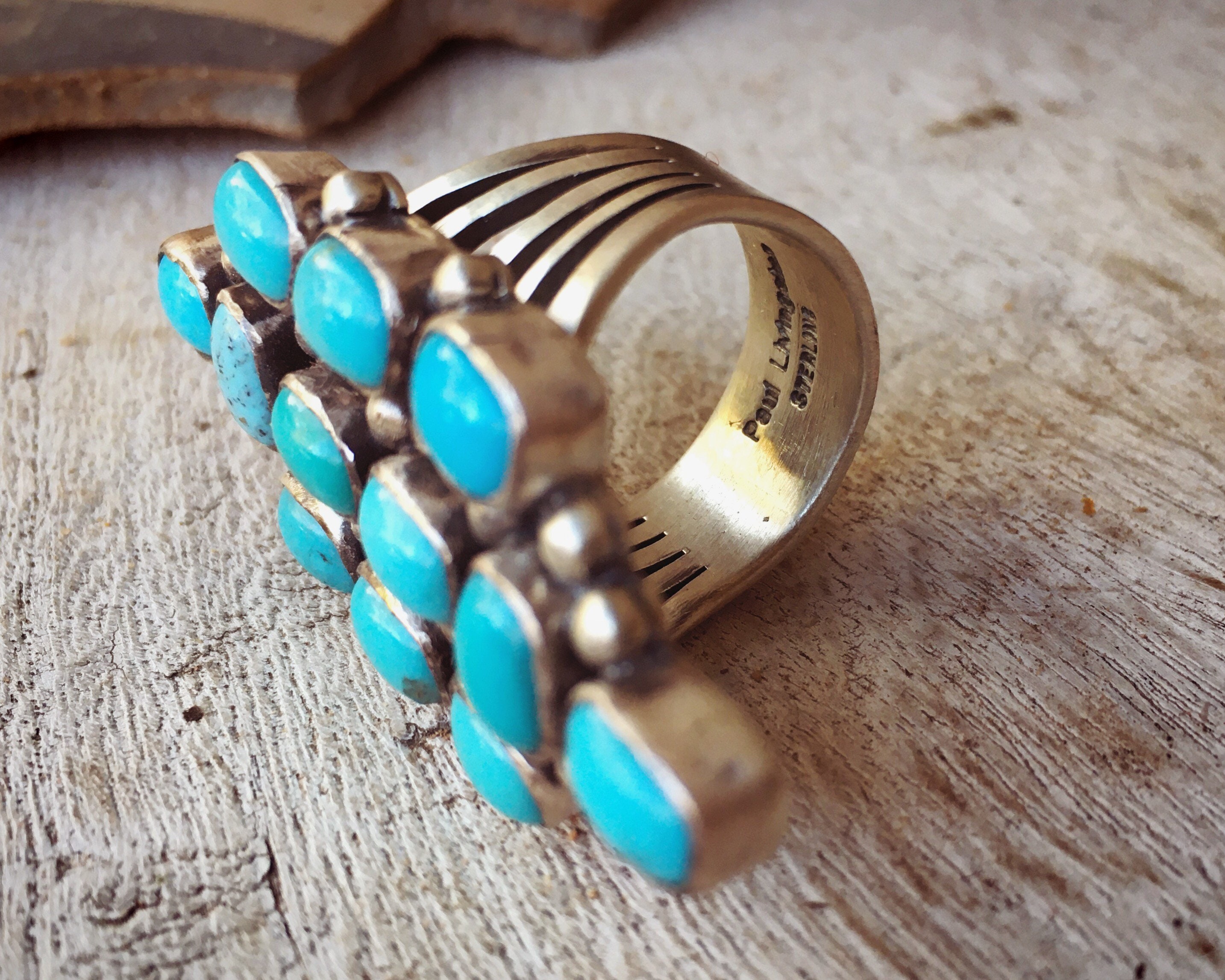 Striking Vintage Zuni Turquoise Dishta Style Sterling Silver Ring Old Striking Vintage Zuni Turquoise Dishta Style Sterling Silver Ring Old