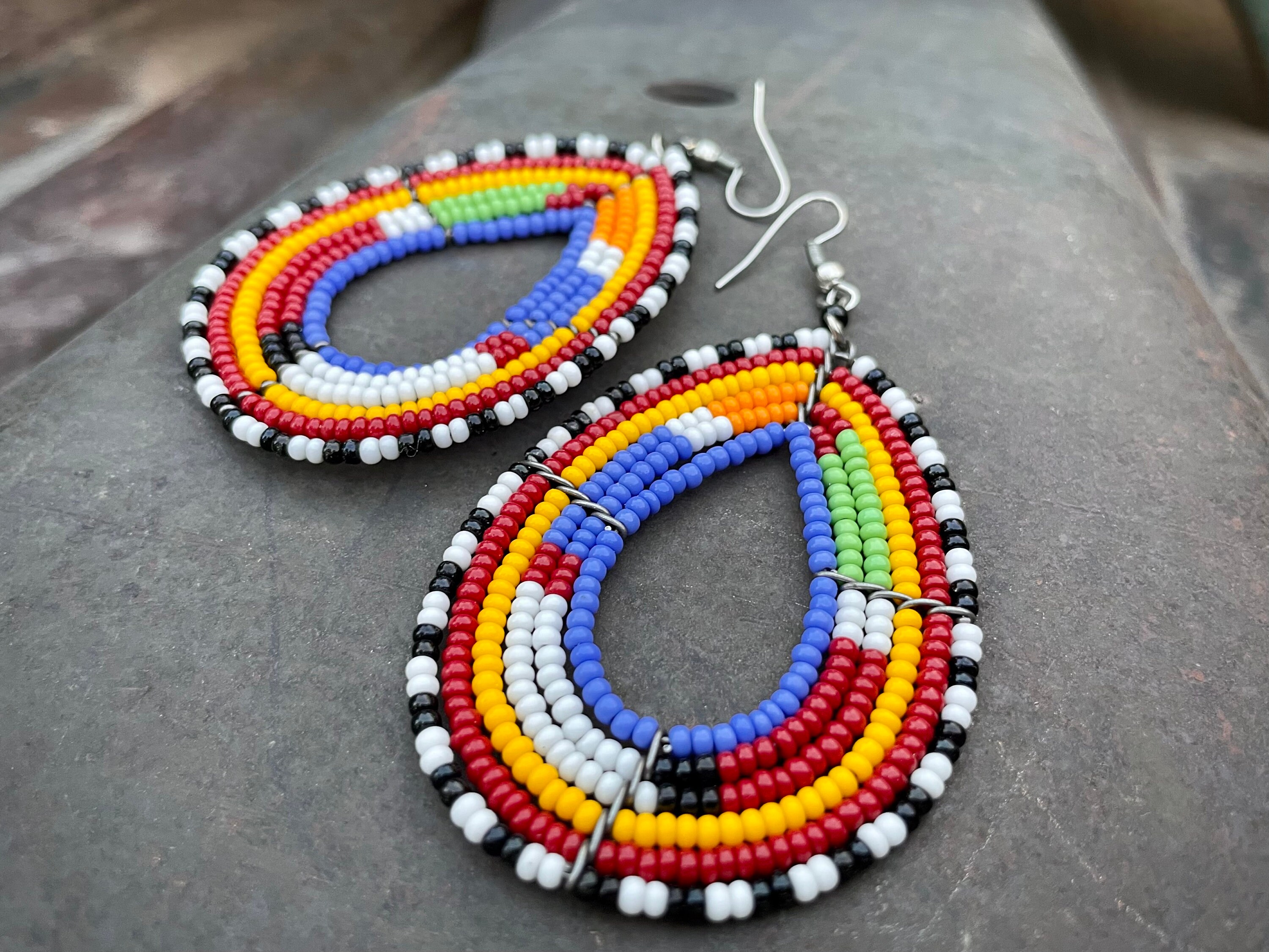 Vintage African Masaai Beaded Hoop Earrings, Multi-Colored