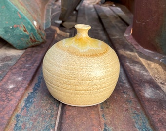 Signed Vintage Art Studio Pottery Weed Pot Yellow Glaze, Smallish Size, Midcentury Modern Decor