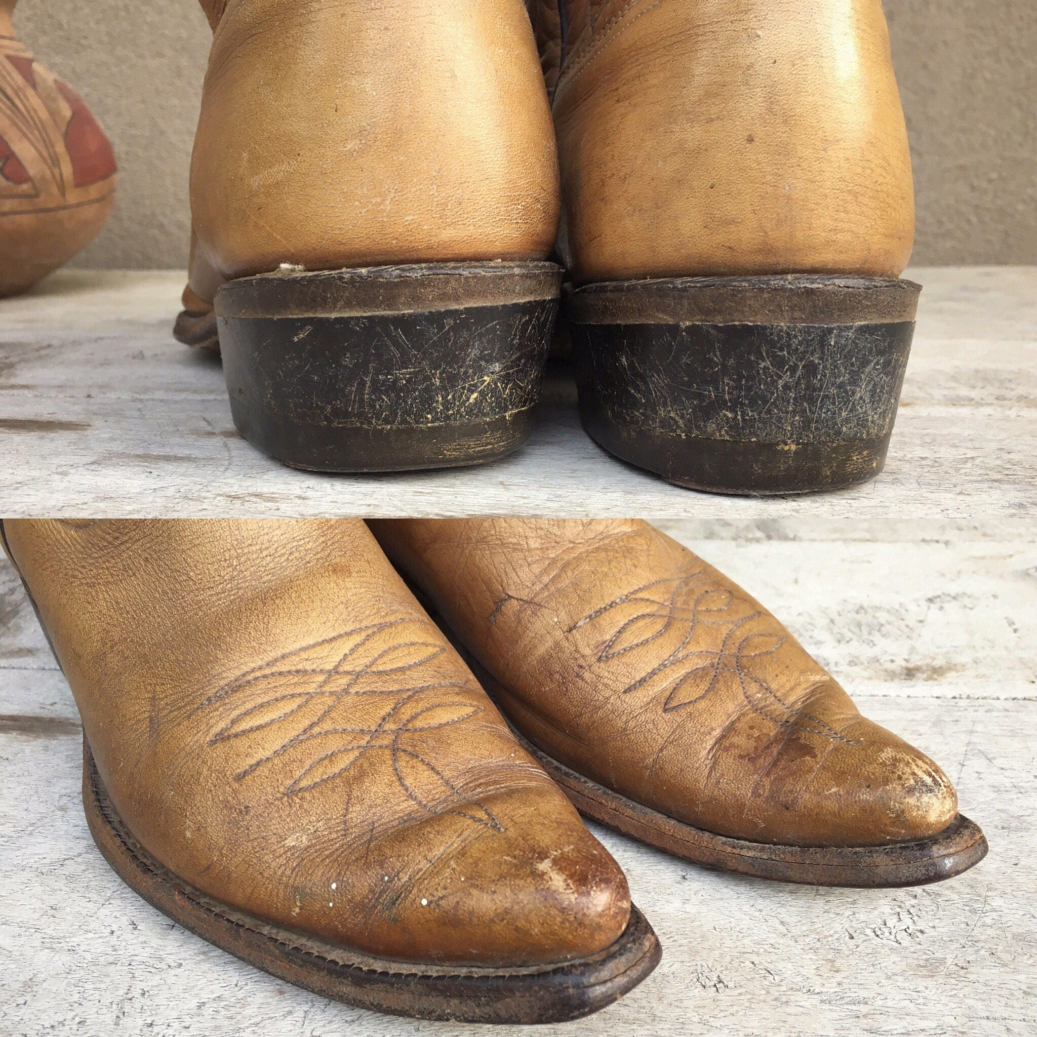 Old light brown leather cowgirl boots Women's size 7.5 to 8, authentic