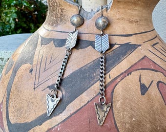 Vintage Sterling Silver Arrow on Chain Dangle Earrings, Super Lightweight, Navajo Style