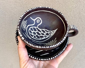 Vintage Tzintzuntzan Mexican Pottery Cup Saucer by Bernardo Zaldizar, Black White, Duck Decor