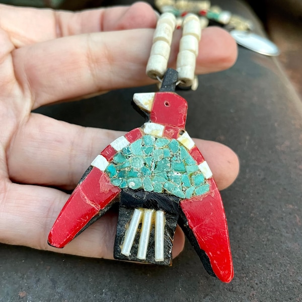 Depression Era Santo Domingo Pueblo Thunderbird Necklace, Vintage Native American Indian Jewelry Unisex Women Men, Old Pawn, Battery Bird