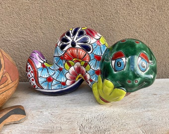 Vintage Talavera Inch Worm Statue (Distressed) for Garden or Interior, Mexican Majolica Ceramic Folk Art, Southwestern Hacienda Decor