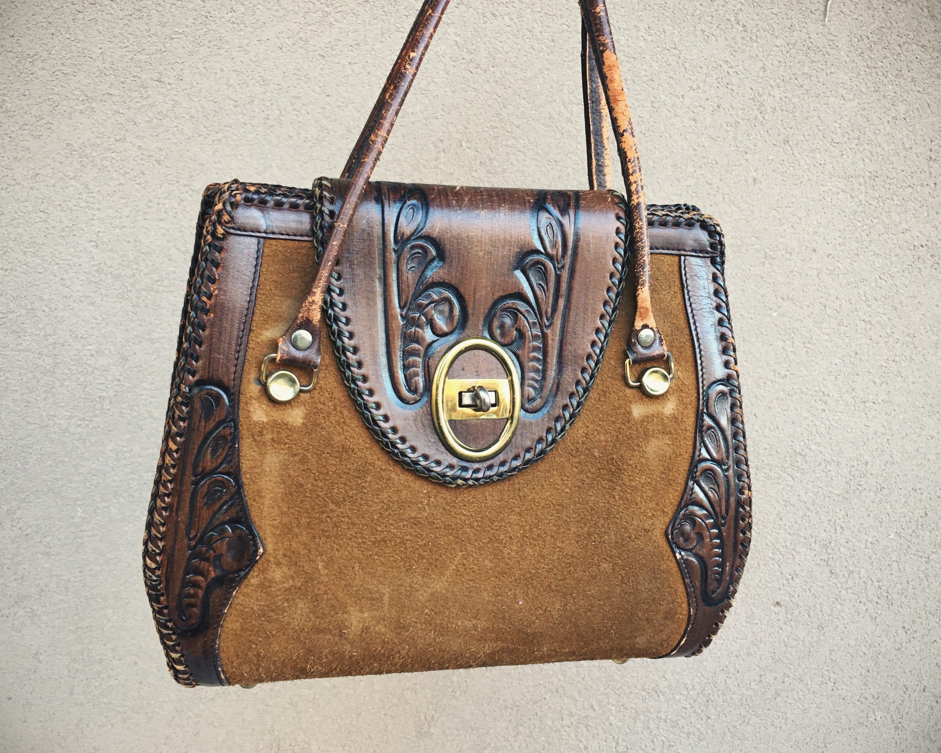 Super Distressed Tooled Leather Western Purse Two Tone Suede Leather ...