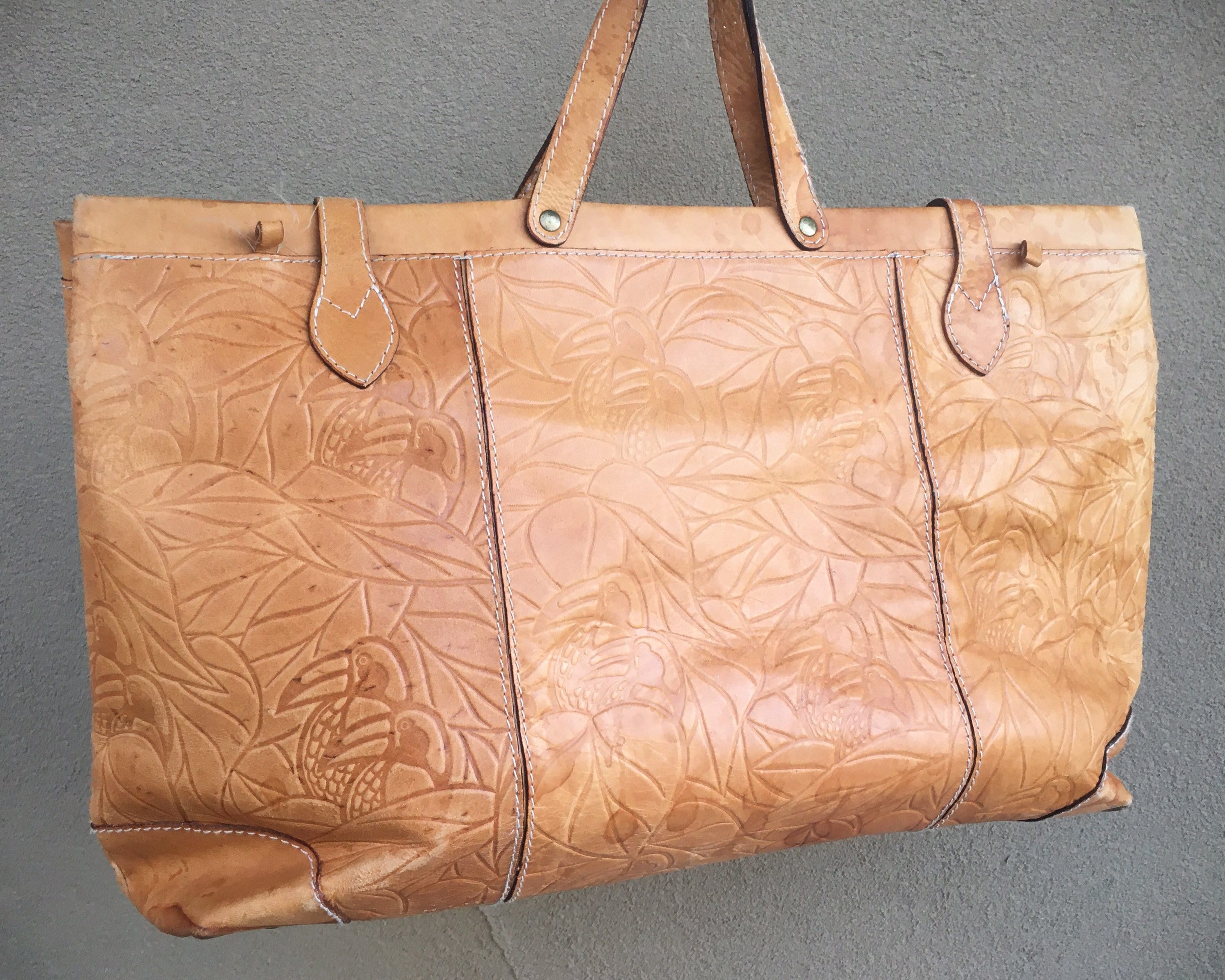 Embossed Leather Tote Bag with Velcro Closure and Fold Over Buckles