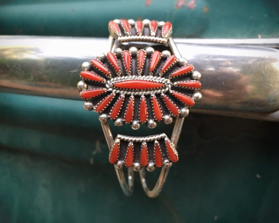 Zuni Petit Point Coral Cuff Bracelet for Women, Native American Indian