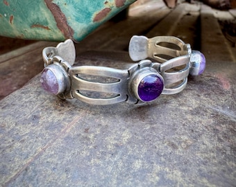 Vintage Amethyst Sterling Silver Cuff Bracelet Approx 6.5", Pre-Eagle Mexican Jewelry Taxco