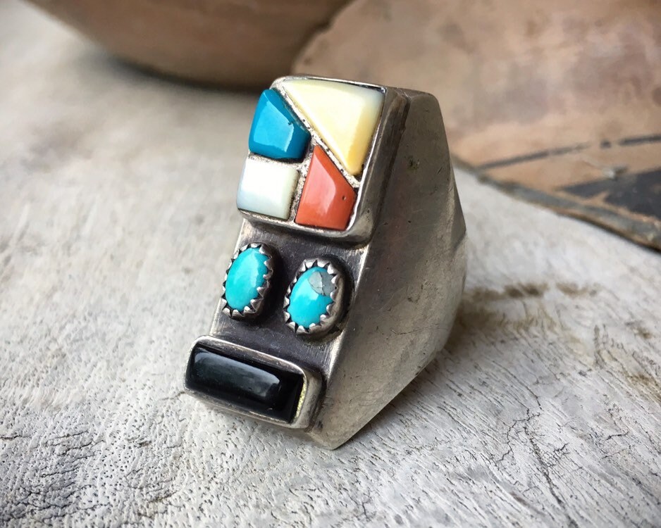 Flares And Inlay Huge Vintage Navajo Turquoise Coral Native American Jewelry Silver Ring Flares And Inlay Huge Vintage Navajo Turquoise Coral Native American Jewelry Silver Ring