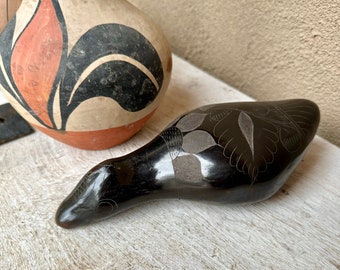 Vintage Barro Negro Pottery Duck with Sgraffito Design from Oaxaca, Mexican Blackware Folk Art
