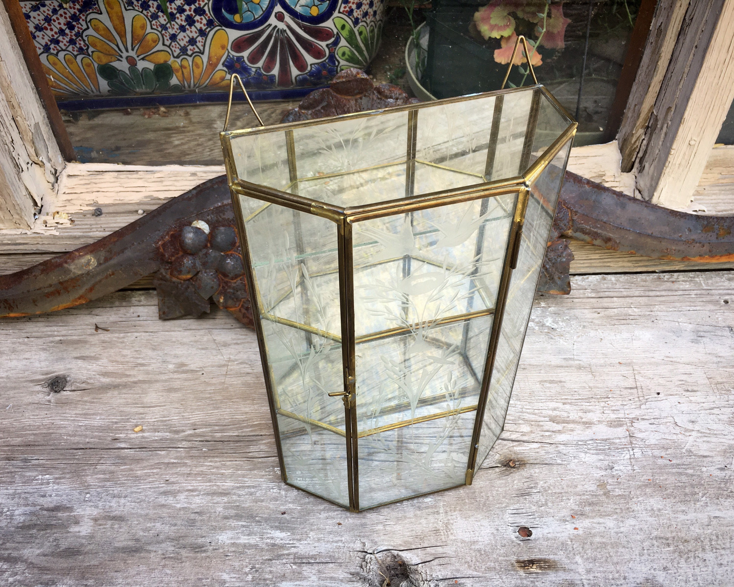 Hanging Or Tabletop Brass Etched Glass Curio Cabinet Three Tier Mirrored Glass Display Case