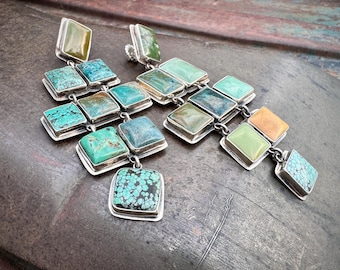 Federico Jimenez Mismatched Turquoise Earrings Approx 4", Square Chandelier