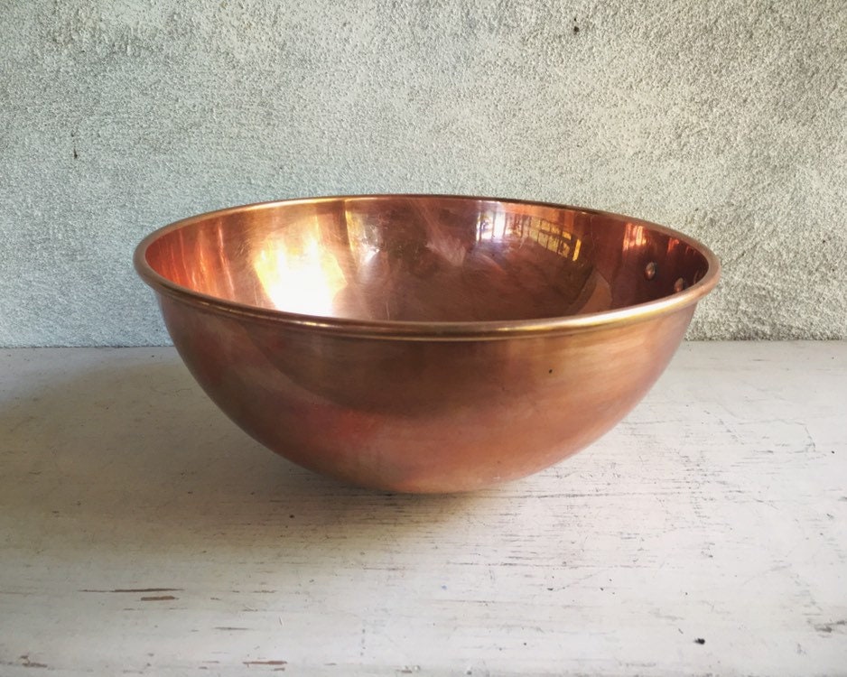 Vintage 10 Round Solid Copper Bowl with Brass Handle, French Style