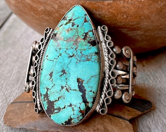 HUGE Fred Harvey Era Natural Turquoise (Cracked Stone) Cuff Bracelet, Vintage Native American