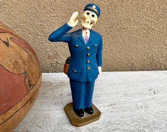 Vintage Mexican Pottery Ceramic Calavera Skeleton in Uniform, Guard or Policeman