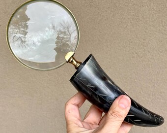 Vintage Carved Horn Handle Magnifying Glass w/ Brass Frame, Curiosity Cabinet Steampunk Decor