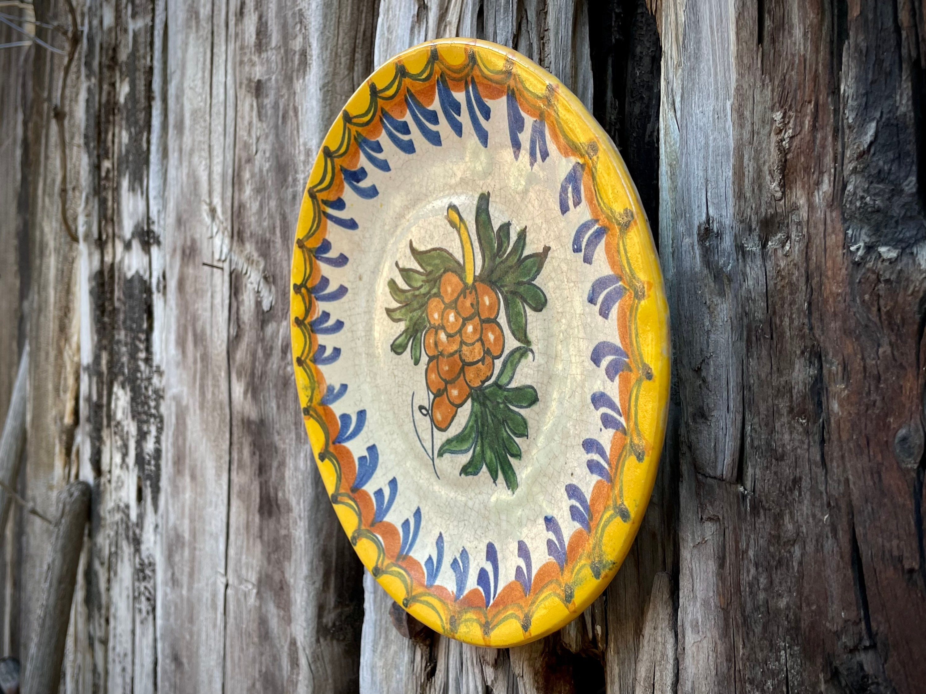 Vintage Mexican Pottery Plate Wall Hanging w/ Grape Design Approx 9.5