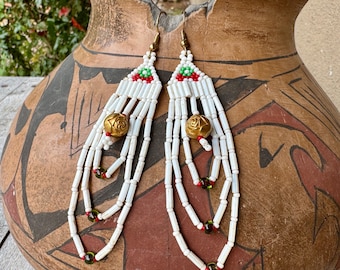 Vintage Beaded Holiday Christmasy Earrings White Red Green Gold, Seed Bead Dangles