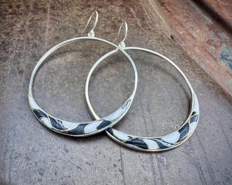 Sterling Silver White Buffalo Inlay Round Hoop Earrings Dangle to 2.5", Southwestern Style