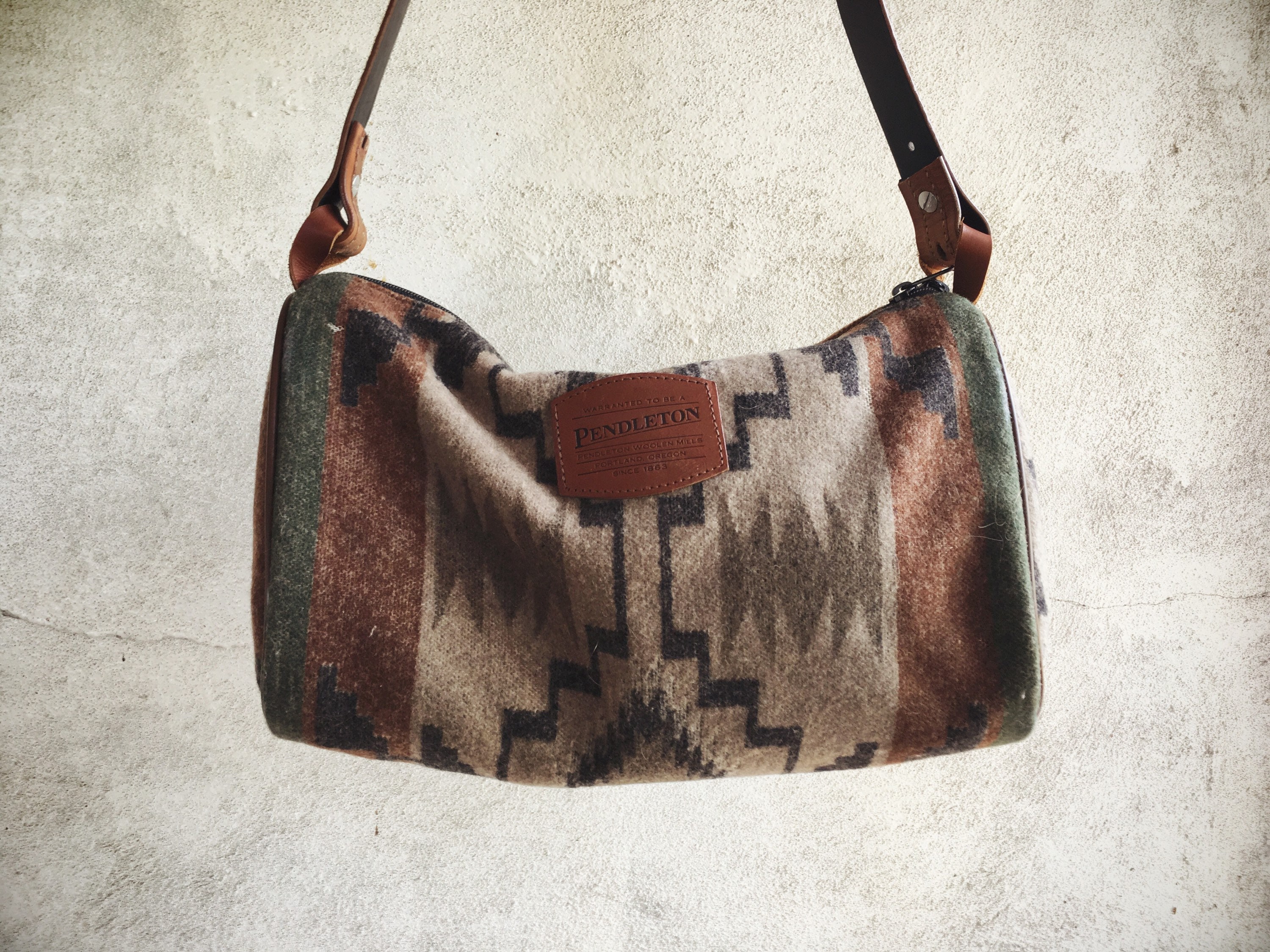 Made in USA Pendleton Fabric Bag with Leather Handles, Light Satchel