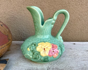 1930s Art Deco Weller Matte Green Delsa Pitcher Ewer with Yellow Pink Pansies, Collectible Pottery