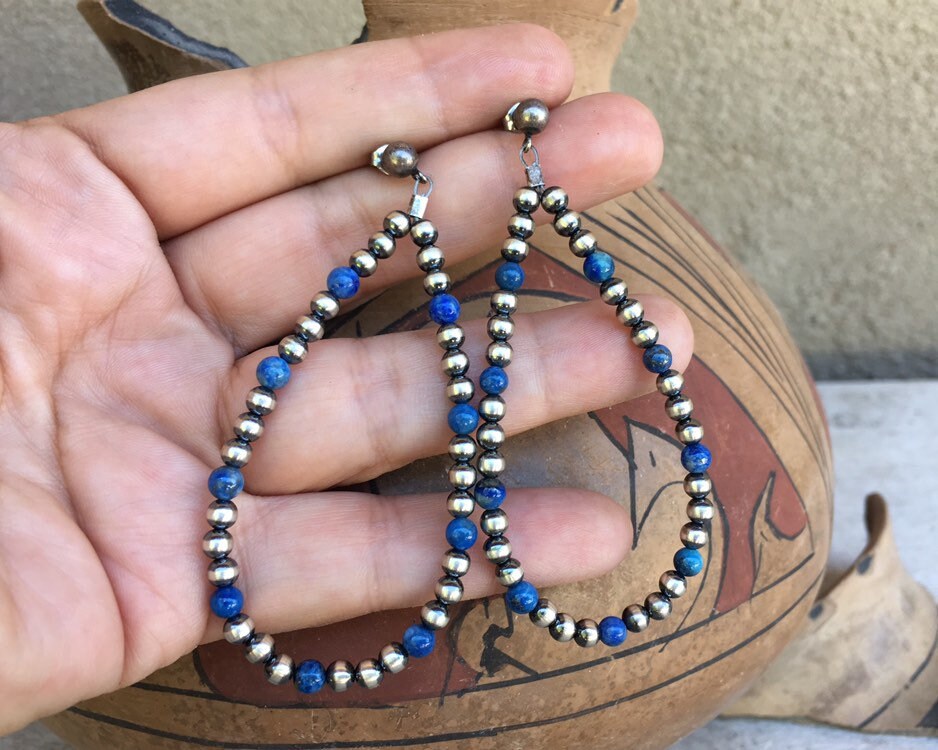 3 Navajo Pearl Sterling Silver Bead Blue Lapis Lazuli Large Hoop ...