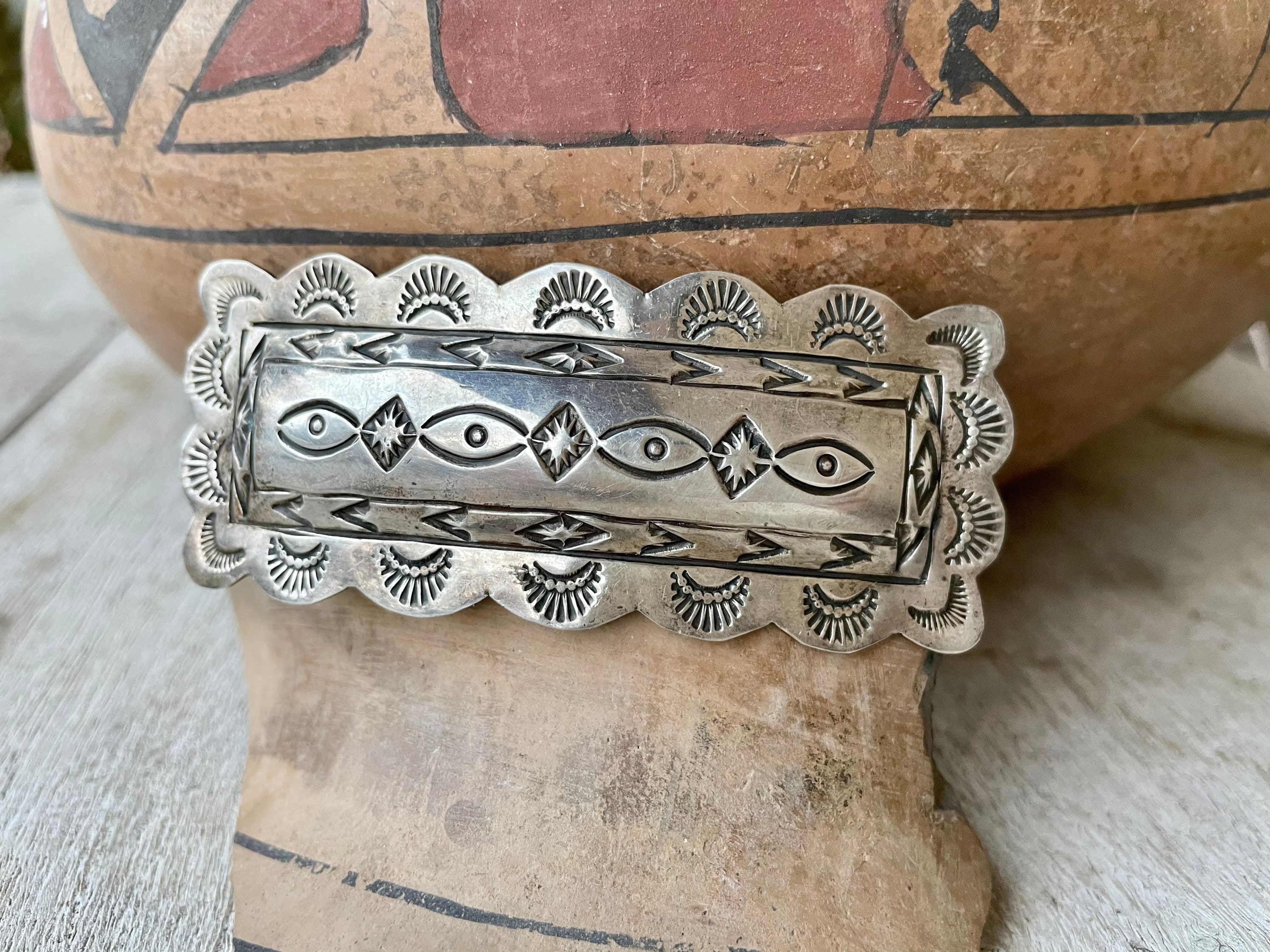 Vintage Navajo Sterling Hair Barrette Hallmark 17.14 grams Item #989N1- Navajo Turquoise Stamped Symbols Sterling  main image 2