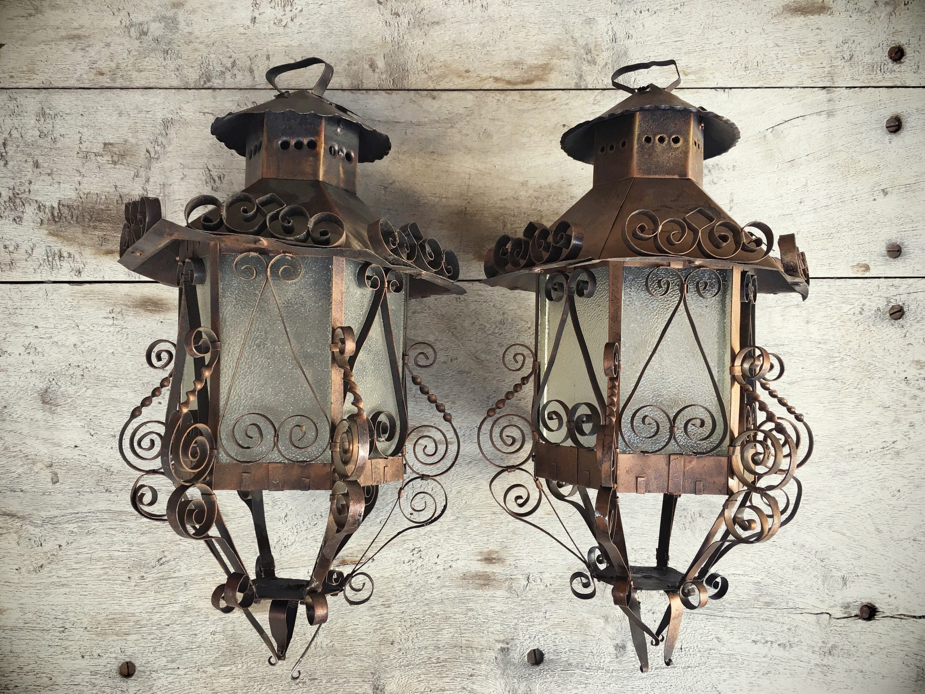 Pair Of 1960s Spanish Revival Light Fixtures Metal Scrollwork Mexican Lanterns