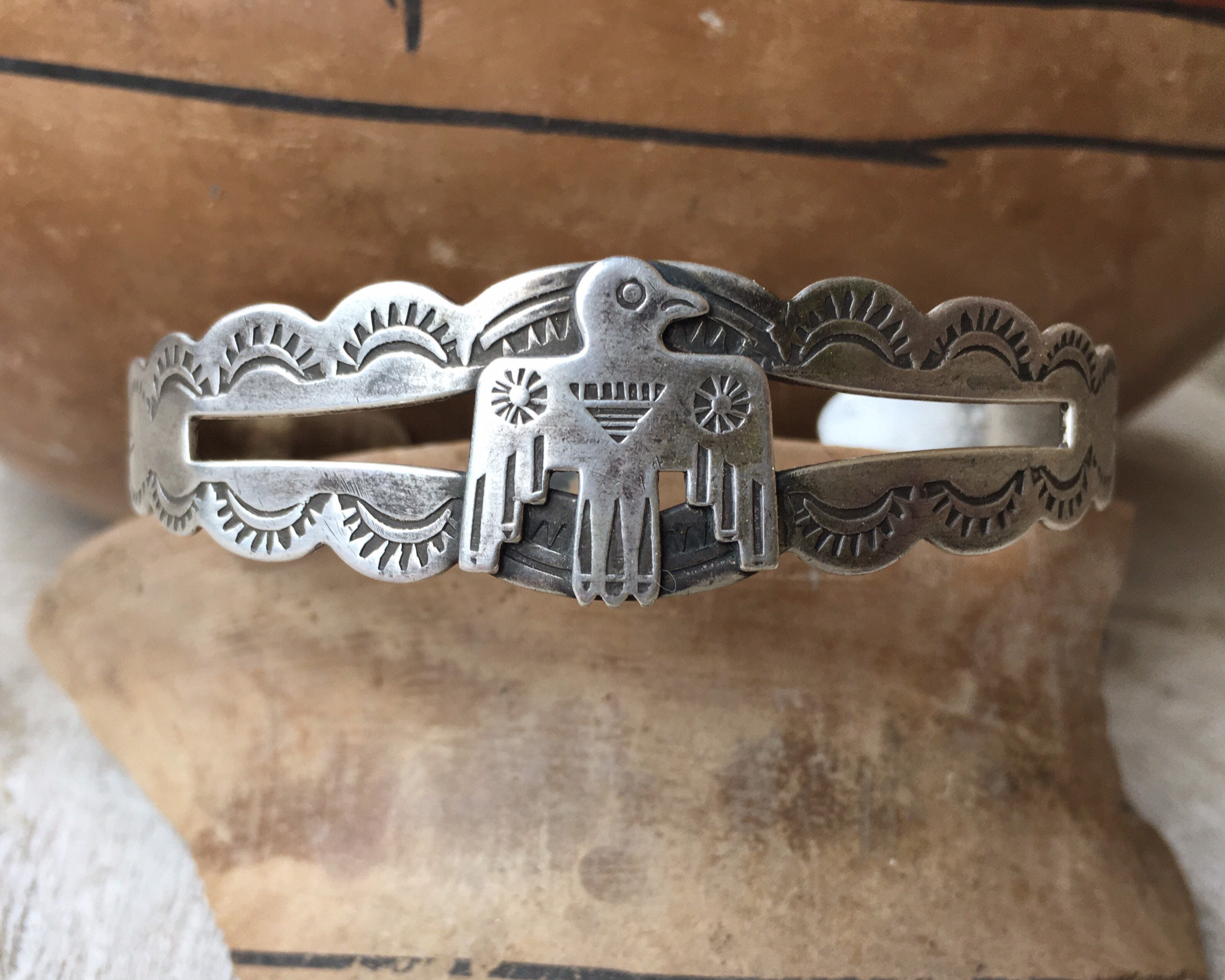 Fred Harvey Era Coin Silver Thunderbird Cuff Bracelet for