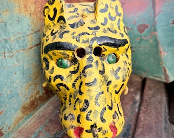 Vintage Carved Painted Wood Jaguar Tigre Mask w/ Glass Eyes, Signed Mexican Guatemala Folk Art