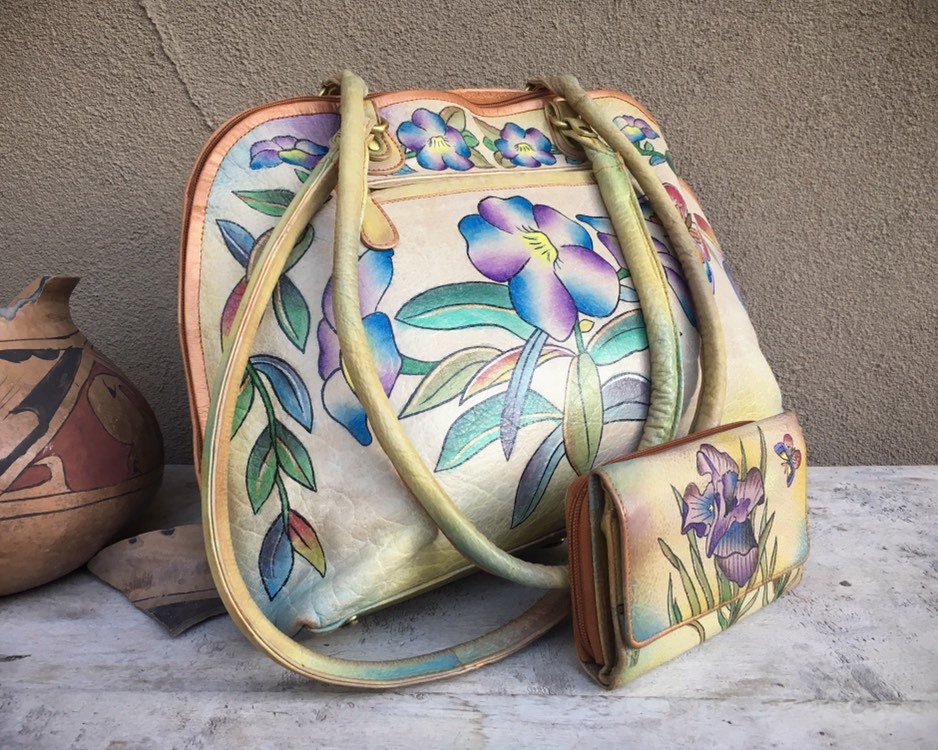 Vintage Large Hand Painted Leather Purse and Wallet Flowers