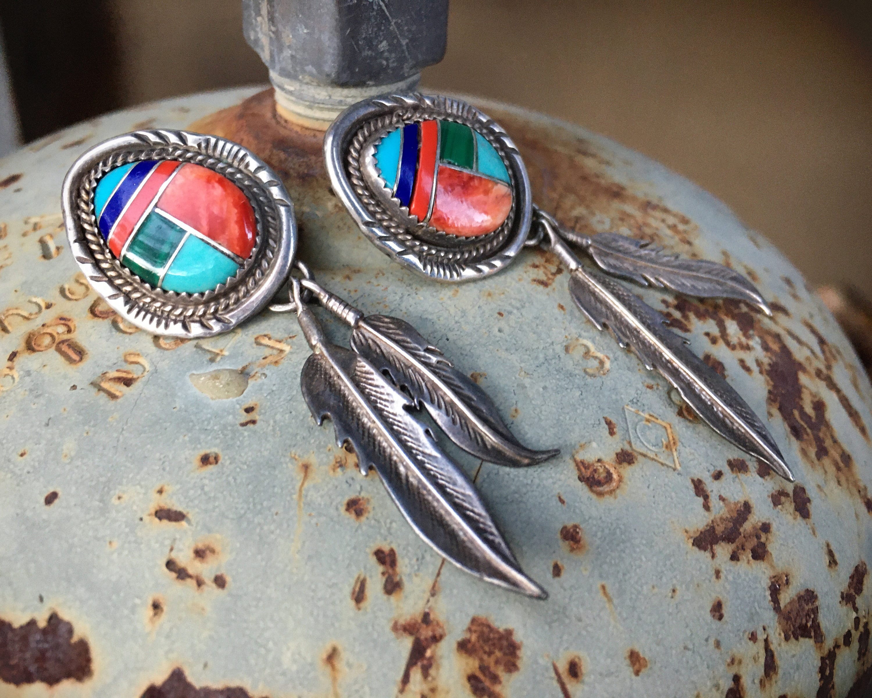 So Long Vintage Native American Navajo Spiny Oyster Sterling Silver Feather Earrings So Long Vintage Native American Navajo Spiny Oyster Sterling Silver Feather Earrings