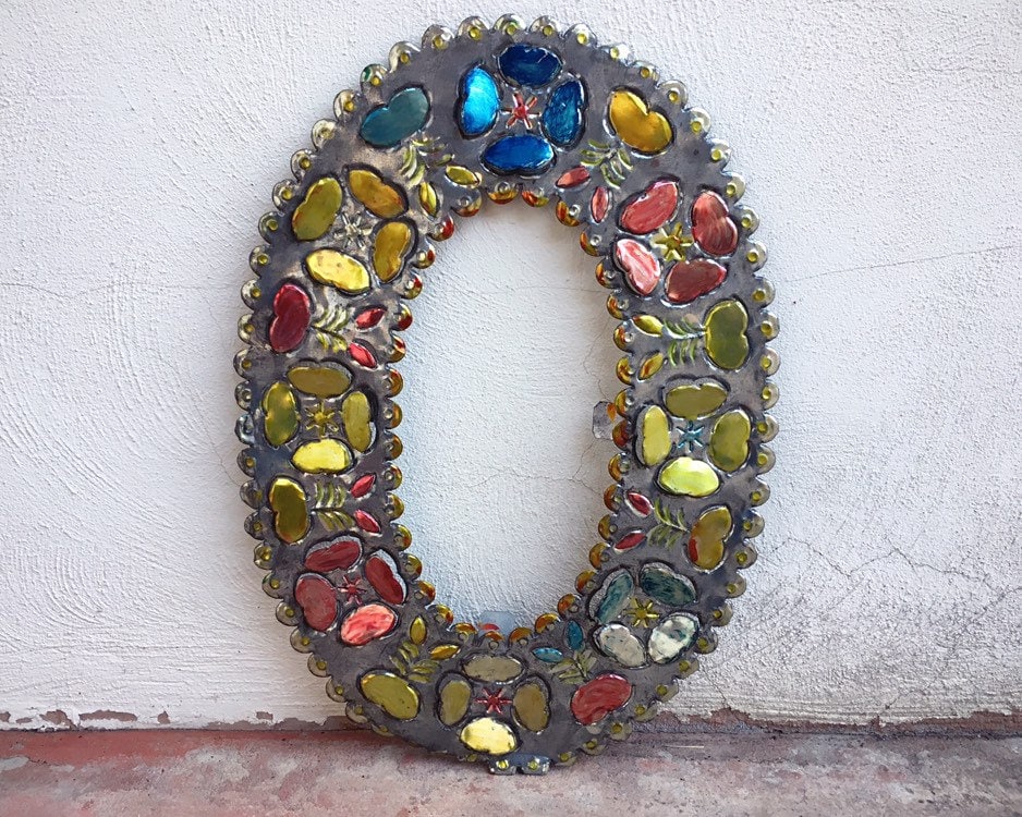 Large Vintage Mexican Tin Oval Frame Punched Painted Cutout Metal No
