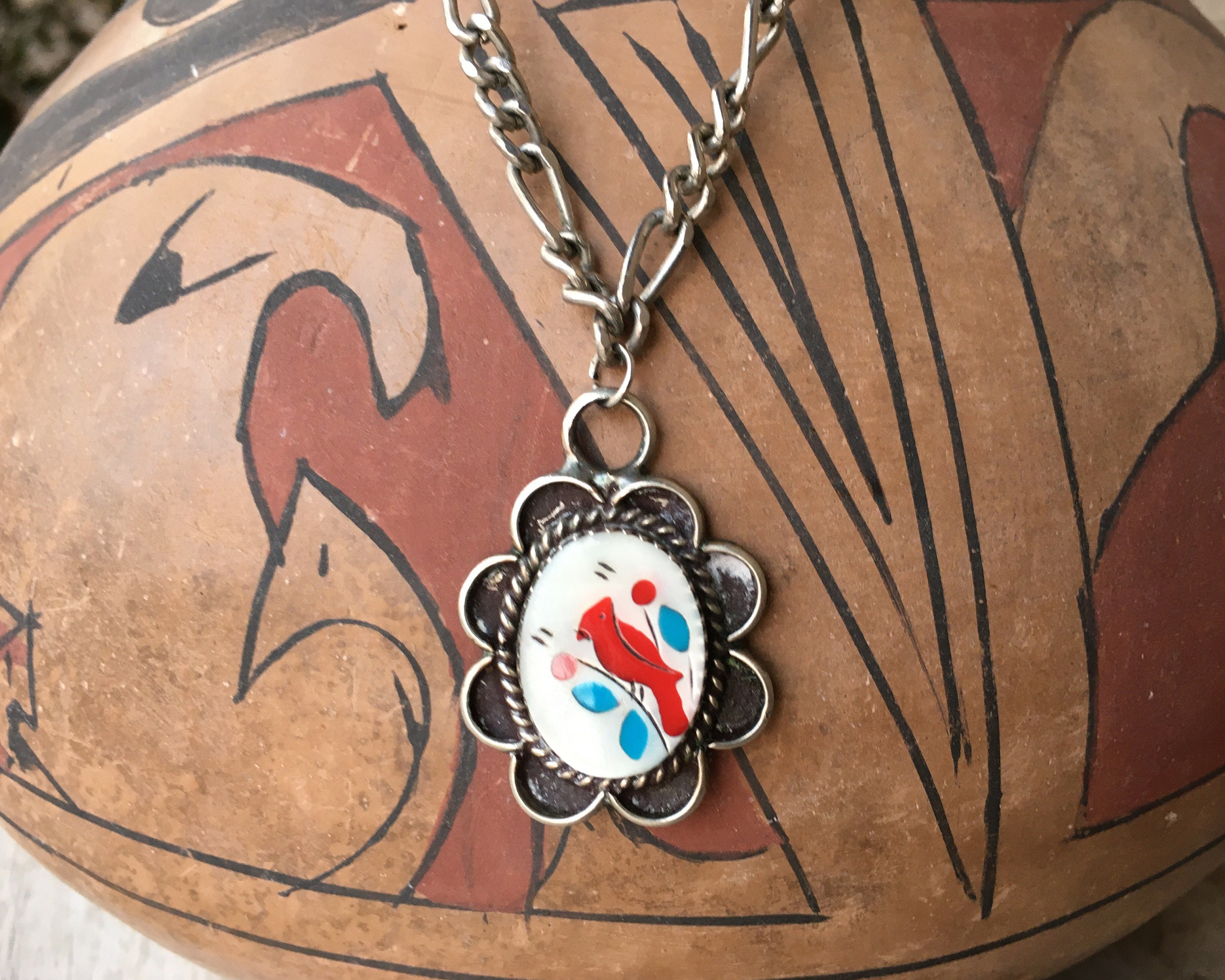 1970s Zuni Red Cardinal Inlay Pendant on Heavy Chain, Native American