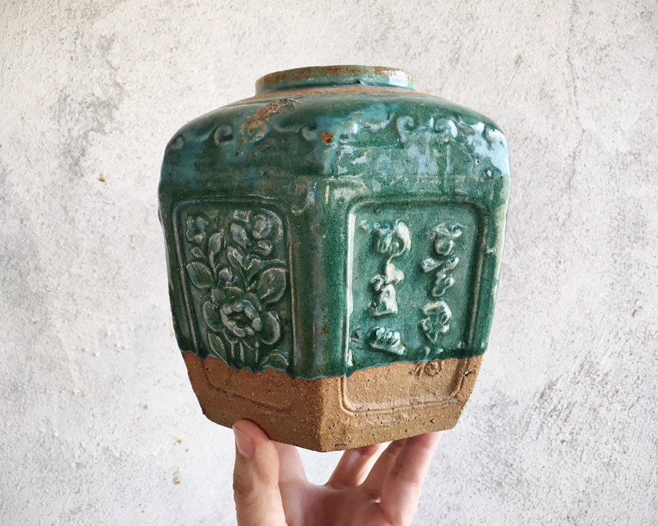 Pair of Vintage Chinese Shiwan Pottery Green Glazed Ginger Jars Celadon