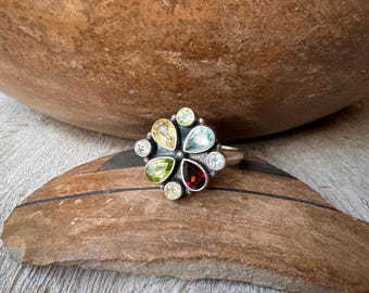 Vintage Sterling Silver Multi Color Ring Approx Size 9, Glass Gemstone Birthstone Jewelry Bohemian