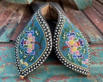 Antique Asian Beaded Headband with Colorful Floral Design, Folk Art Ethnic Artifacts Chinese