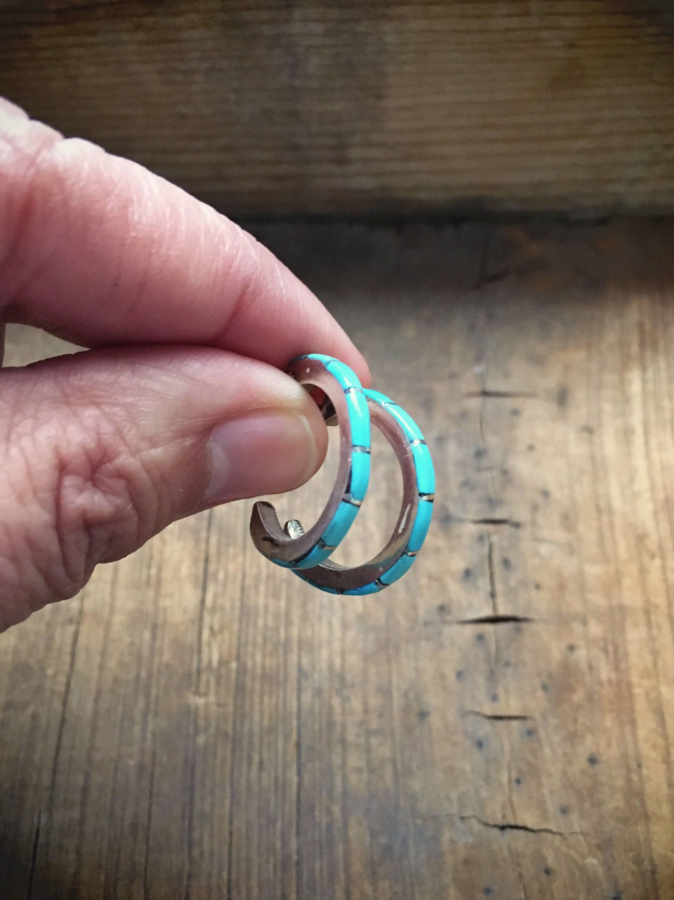 Vintage silver turquoise channel inlay hoop earring, turquoise hoop
