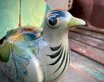 Vintage Mexican Pottery Bird Figure High Gloss Glaze in Grays and Browns, Peace Dove Tonala