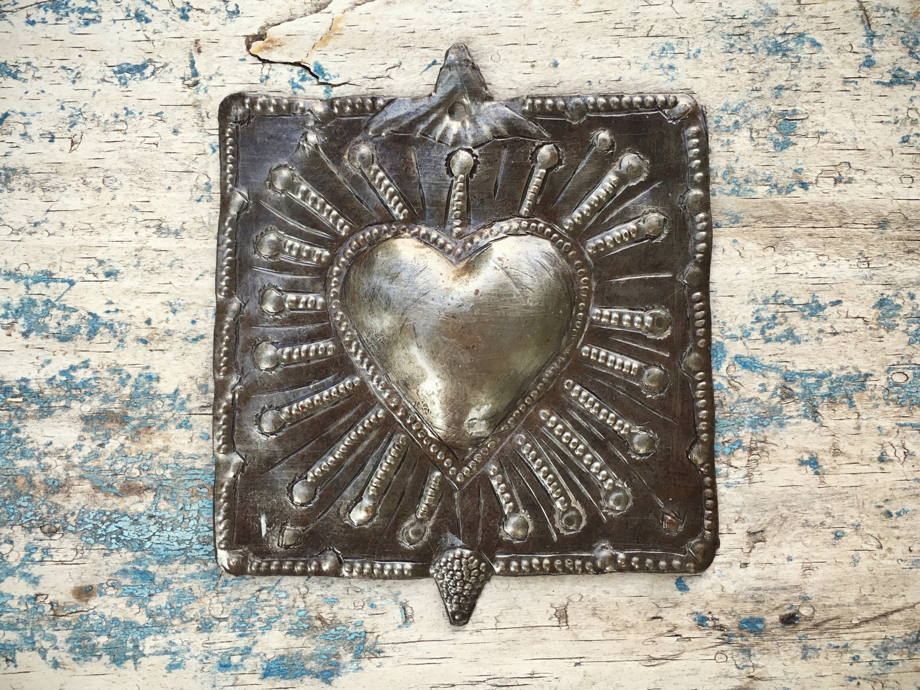 Vintage 4 metal folk art wall hanging heart milagro, Haiti drum art