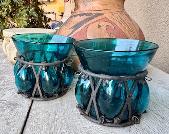 Two Mexican Caged Glass Votive Candleholders, Hand Blown Teal Glass