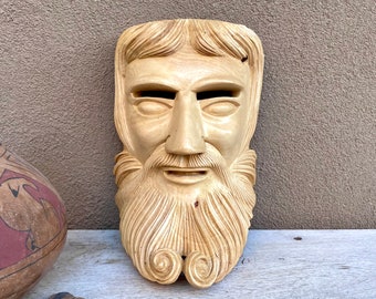 Hand Carved Wood Bearded Man Mexican Folk Art of Michoacan by Master Felipe Horta, Rustic Decor